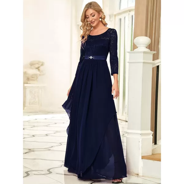 EverPretty Womens Maxi ALine Chiffon Long Sleeve Lace Formal Evening Party Dress 0759Navy Blue