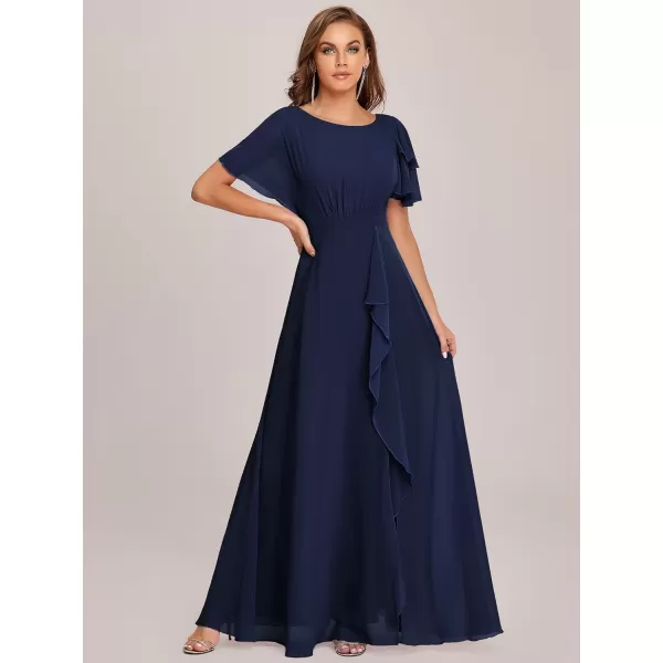 EverPretty Womens Maxi Round Neck Chiffon Side Slit Ruched Mother of The Bride Dress 70115Navy Blue