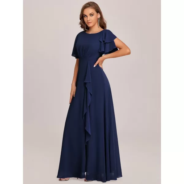 EverPretty Womens Maxi Round Neck Chiffon Side Slit Ruched Mother of The Bride Dress 70115Navy Blue