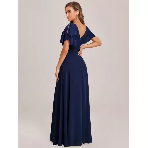 EverPretty Womens Maxi Round Neck Chiffon Side Slit Ruched Mother of The Bride Dress 70115Navy Blue