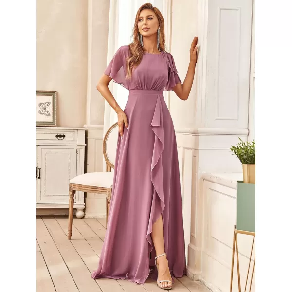 EverPretty Womens Maxi Round Neck Chiffon Side Slit Ruched Mother of The Bride Dress 70115Orchid