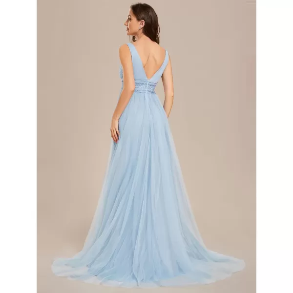 EverPretty Womens Maxi Sleeveless Double VNeck Lace ALine Ruched Tulle Wedding Dresses 0096AIce Blue