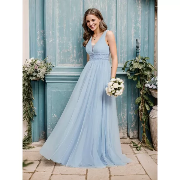 EverPretty Womens Maxi Sleeveless Double VNeck Lace ALine Ruched Tulle Wedding Dresses 0096AIce Blue