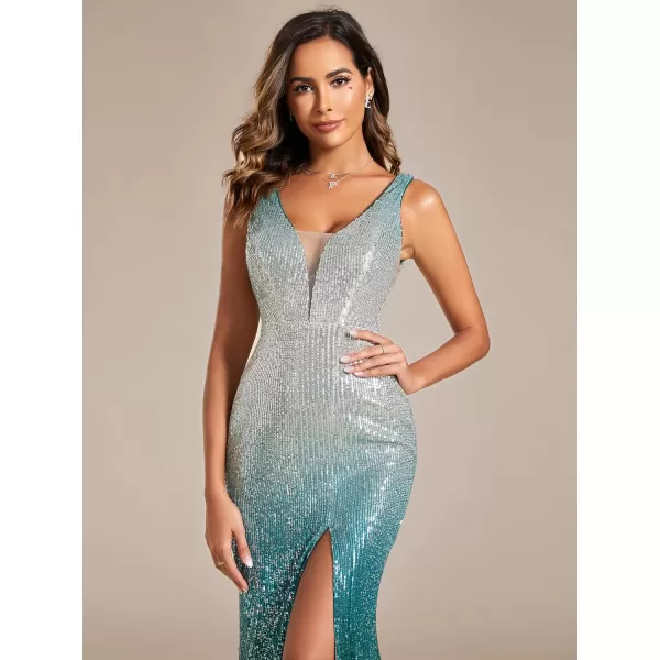 EverPretty Womens Mermaid V Neck Slit Bodycon Gradient Sequin Evening Dresses 01953Dark Green