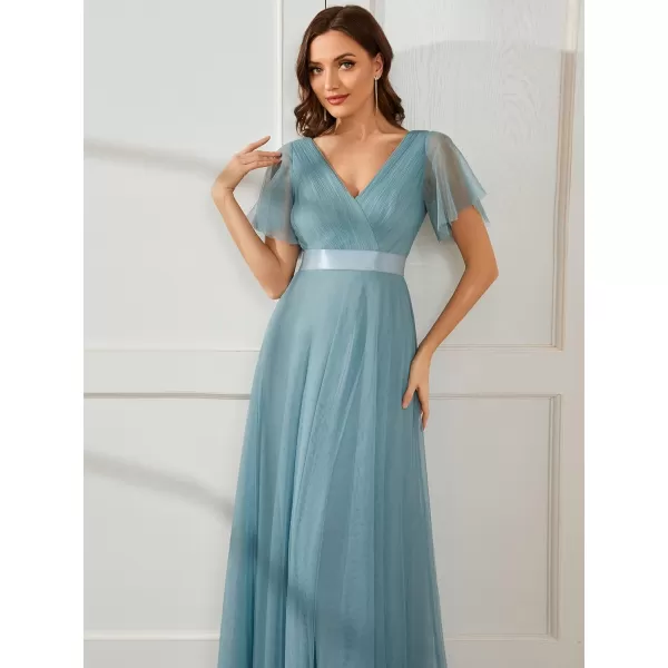 EverPretty Womens Mother of Bride Dress Double VNeck Empire Waist Front Wrap Tulle Bridesmaid Dress 07962Blue