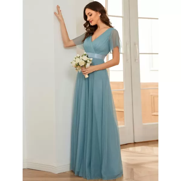 EverPretty Womens Mother of Bride Dress Double VNeck Empire Waist Front Wrap Tulle Bridesmaid Dress 07962Blue