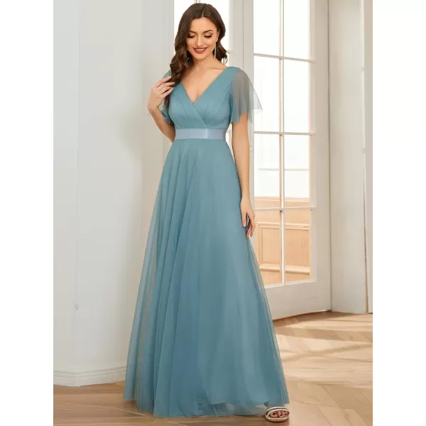 EverPretty Womens Mother of Bride Dress Double VNeck Empire Waist Front Wrap Tulle Bridesmaid Dress 07962Blue