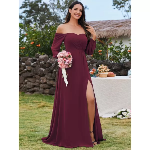 EverPretty Womens Off Shoulder Lantern Sleeves A Line Split Maxi Bridesmaid Dresses S0002Burgundy