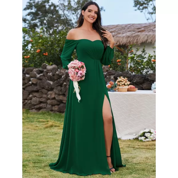 EverPretty Womens Off Shoulder Lantern Sleeves A Line Split Maxi Bridesmaid Dresses S0002Dark Green