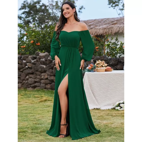 EverPretty Womens Off Shoulder Lantern Sleeves A Line Split Maxi Bridesmaid Dresses S0002Dark Green