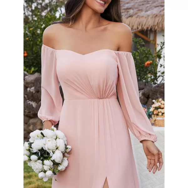 EverPretty Womens Off Shoulder Lantern Sleeves A Line Split Maxi Bridesmaid Dresses S0002Pink