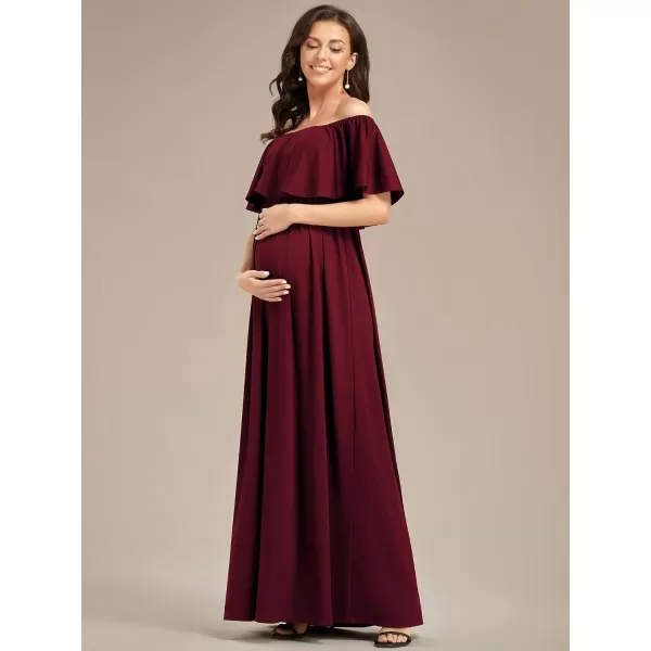 EverPretty Womens Off Shoulder Puff Sleeve Ruched Waist A Line Floor Length Maternity Casual Dress 01802EYBurgundy