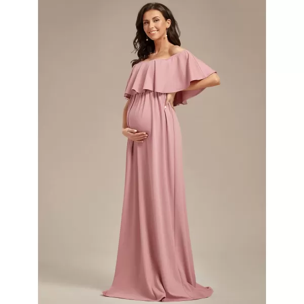 EverPretty Womens Off Shoulder Puff Sleeve Ruched Waist A Line Floor Length Maternity Casual Dress 01802EYDusty Rose