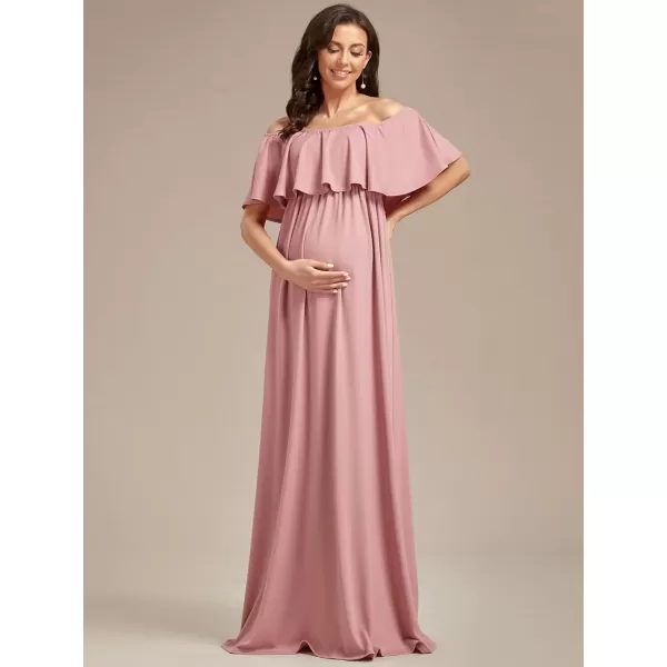 EverPretty Womens Off Shoulder Puff Sleeve Ruched Waist A Line Floor Length Maternity Casual Dress 01802EYDusty Rose