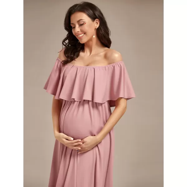 EverPretty Womens Off Shoulder Puff Sleeve Ruched Waist A Line Floor Length Maternity Casual Dress 01802EYDusty Rose