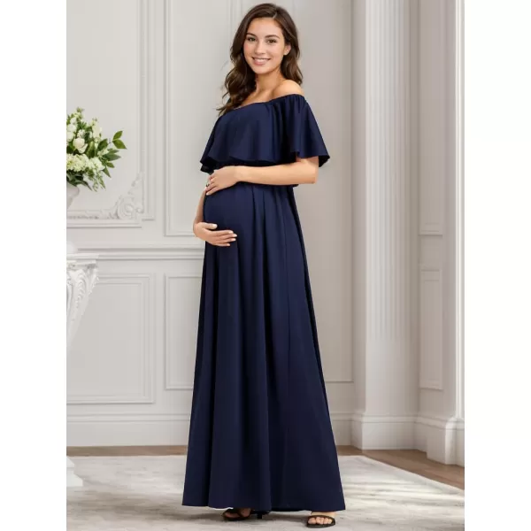 EverPretty Womens Off Shoulder Puff Sleeve Ruched Waist A Line Floor Length Maternity Casual Dress 01802EYNavy Blue