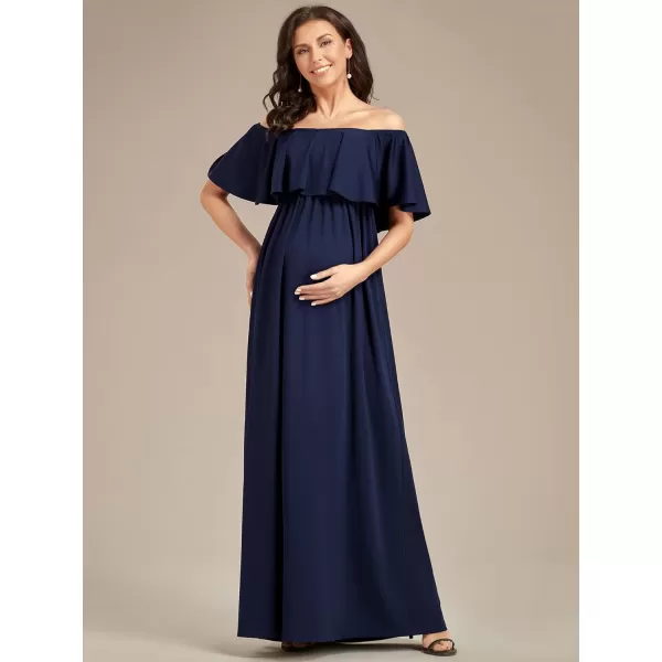 EverPretty Womens Off Shoulder Puff Sleeve Ruched Waist A Line Floor Length Maternity Casual Dress 01802EYNavy Blue