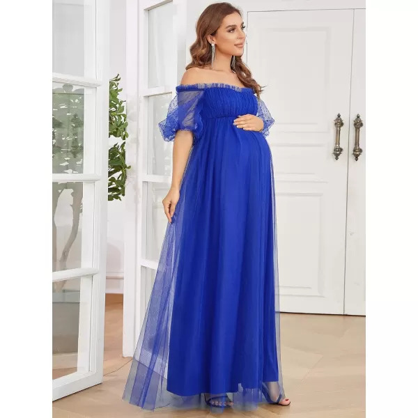 EverPretty Womens Off Shoulder Puffy Sleeve Open Back Pleated A Line Tulle Maternity Dress 20871EYSapphire Blue