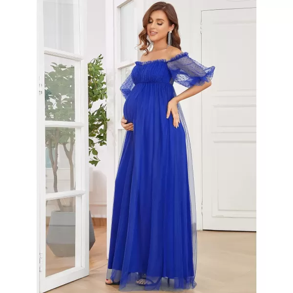 EverPretty Womens Off Shoulder Puffy Sleeve Open Back Pleated A Line Tulle Maternity Dress 20871EYSapphire Blue