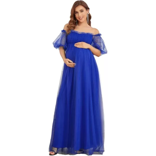 EverPretty Womens Off Shoulder Puffy Sleeve Open Back Pleated A Line Tulle Maternity Dress 20871EYSapphire Blue