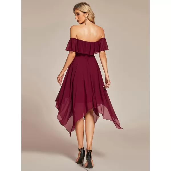 EverPretty Womens Off Shoulder Ruffle Sleeve Asymmetric Hem Chiffon Midi Wedding Guest Dresses for Women 01734Burgundy