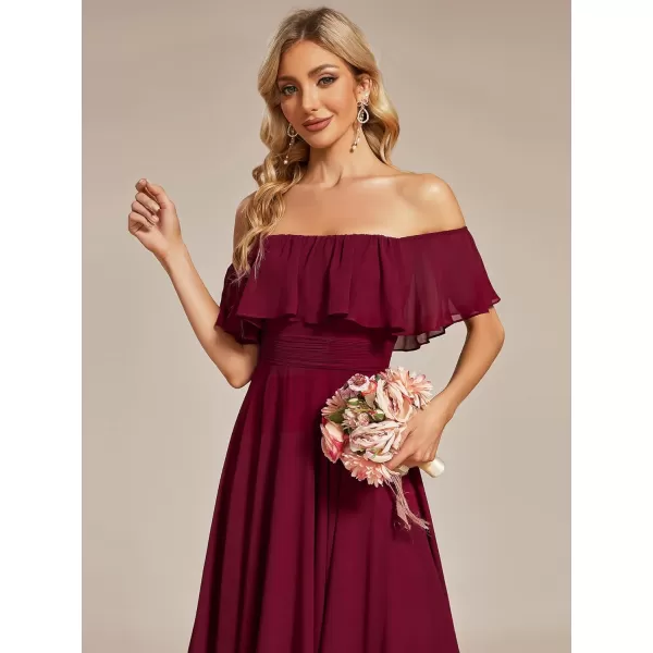 EverPretty Womens Off Shoulder Ruffle Sleeve Asymmetric Hem Chiffon Midi Wedding Guest Dresses for Women 01734Burgundy