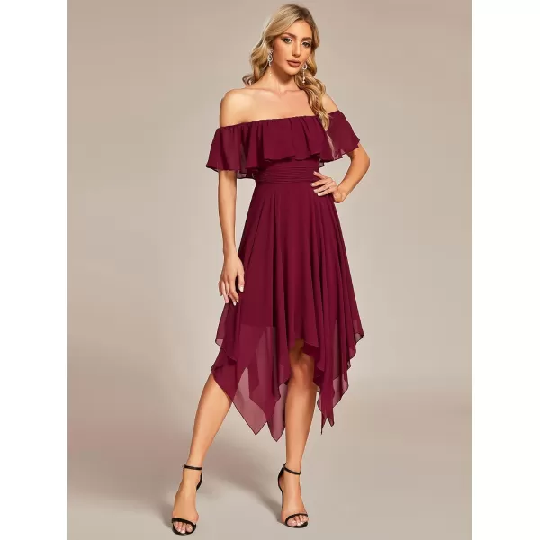 EverPretty Womens Off Shoulder Ruffle Sleeve Asymmetric Hem Chiffon Midi Wedding Guest Dresses for Women 01734Burgundy