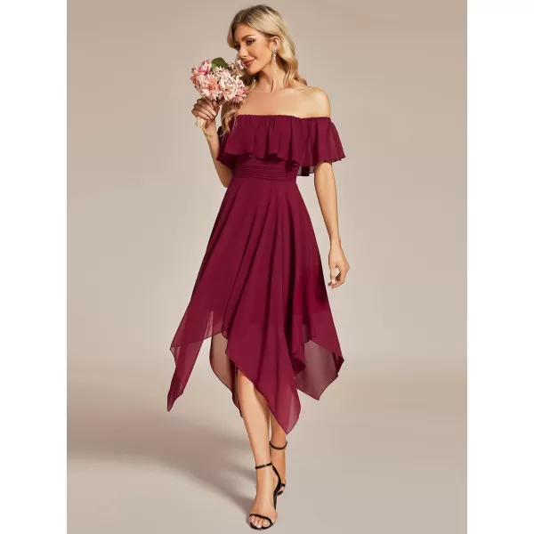 EverPretty Womens Off Shoulder Ruffle Sleeve Asymmetric Hem Chiffon Midi Wedding Guest Dresses for Women 01734Burgundy
