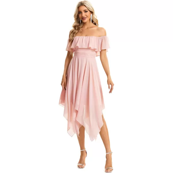 EverPretty Womens Off Shoulder Ruffle Sleeve Asymmetric Hem Chiffon Midi Wedding Guest Dresses for Women 01734Pink