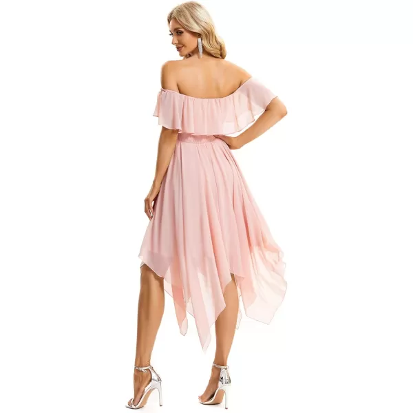 EverPretty Womens Off Shoulder Ruffle Sleeve Asymmetric Hem Chiffon Midi Wedding Guest Dresses for Women 01734Pink