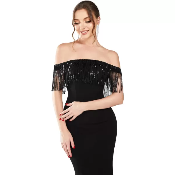 EverPretty Womens Off Shoulder Ruffles Sleeves Bodycon Tassel Maxi Evening Dresses 01618Black