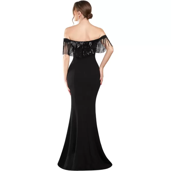 EverPretty Womens Off Shoulder Ruffles Sleeves Bodycon Tassel Maxi Evening Dresses 01618Black