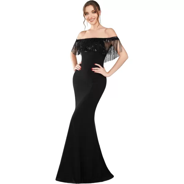 EverPretty Womens Off Shoulder Ruffles Sleeves Bodycon Tassel Maxi Evening Dresses 01618Black