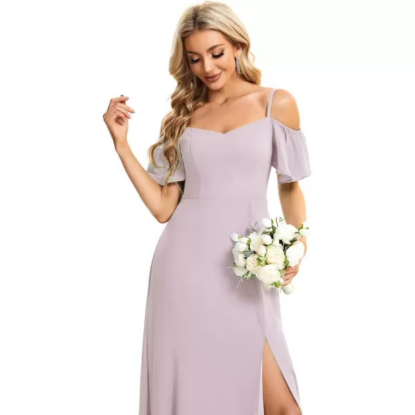 EverPretty Womens Off Shoulder Short Sleeve Split ALine Floor Length Bridesmaid Dresses 00237Lilac