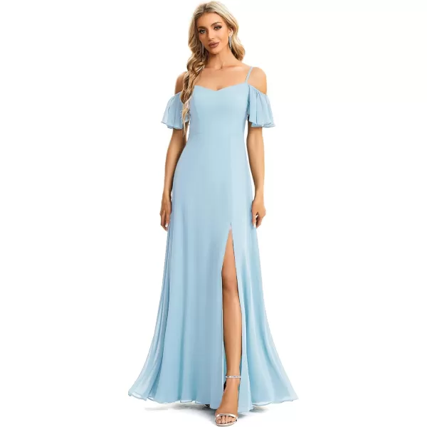 EverPretty Womens Off Shoulder Short Sleeve Split ALine Floor Length Bridesmaid Dresses 00237Sky Blue