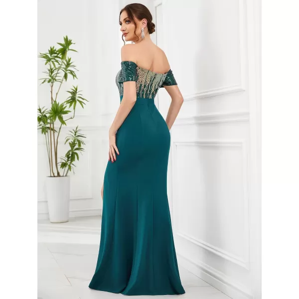 EverPretty Womens Off Shoulder Strapless Sequin Top Mermaid High Slit Maxi Evening Party Dresses 01606Teal