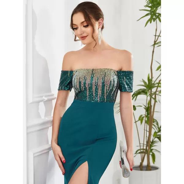 EverPretty Womens Off Shoulder Strapless Sequin Top Mermaid High Slit Maxi Evening Party Dresses 01606Teal