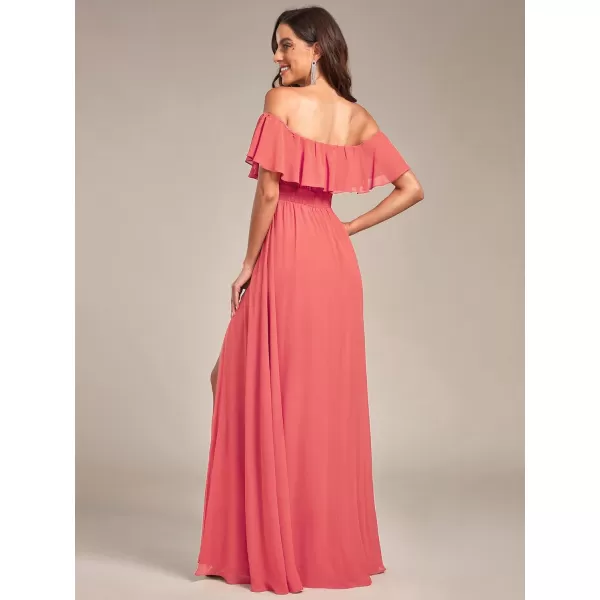 EverPretty Womens Off The Shoulder Bridesmaid Dresses Side Split Beach Maxi Formal Dress White 00968Coral