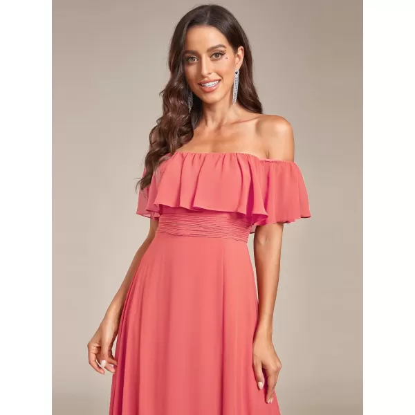 EverPretty Womens Off The Shoulder Ruffle Party Dresses Side Split Beach Maxi Dress 00968Coral