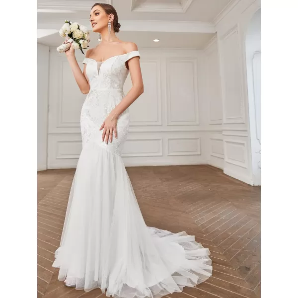 EverPretty Womens OffShoulder Lace Applique Mermaid Sweep Train Maxi Wedding Dress for Bride 0353AWhite