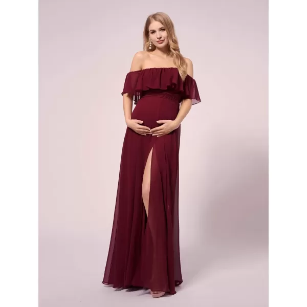 EverPretty Womens Offshoulder Side Slit Long Chiffon Ruffle Pregnancy Party Dress Maternity Photography Dresses 0968EYBurgundy