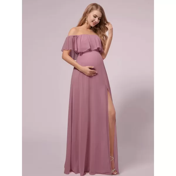 EverPretty Womens Offshoulder Side Slit Long Chiffon Ruffle Pregnancy Party Dress Maternity Photography Dresses 0968EYDusty Pink