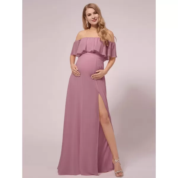 EverPretty Womens Offshoulder Side Slit Long Chiffon Ruffle Pregnancy Party Dress Maternity Photography Dresses 0968EYDusty Pink