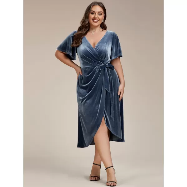 EverPretty Womens One Piece V Neck Ruffled Sleeves Velvet Plus Size Wedding Guest Dress 01964DADusty Navy