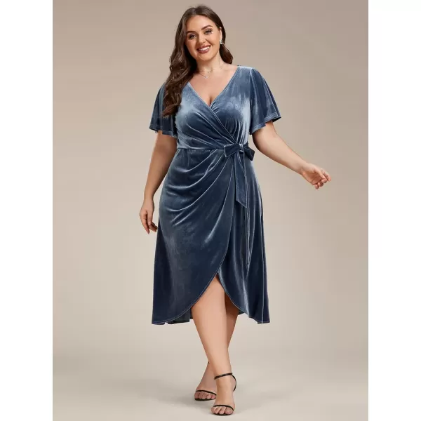 EverPretty Womens One Piece V Neck Ruffled Sleeves Velvet Plus Size Wedding Guest Dress 01964DADusty Navy