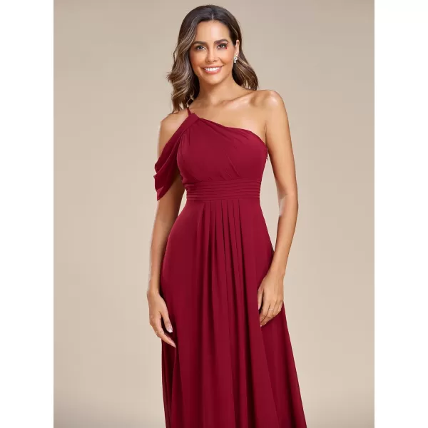 EverPretty Womens One Shoulder Hollow Out Pleated ALine Floor Length Chiffon Bridesmaid Dresses 01894Burgundy