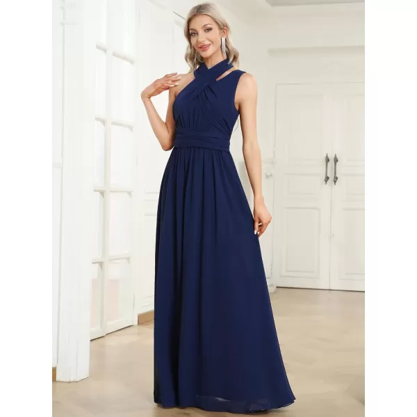 EverPretty Womens One Shoulder Pleated ALine Long Convertible Bridesmaid Dresses 01558Navy Blue