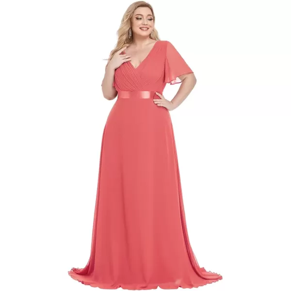 EverPretty Womens One Shoulder Ruched Empire Waist Chiffon Maxi Plus Size Bridesmaid Dresses 09816PZUSACoral