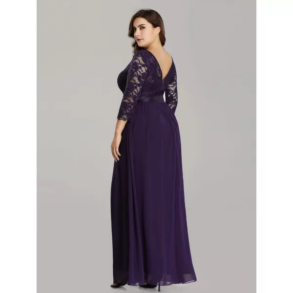 EverPretty Womens Plus Size ALine 34 Lace Sleeves Chiffon Long Formal Evening Party Maxi Dress 7412PZDark Purple