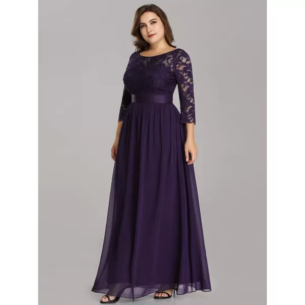 EverPretty Womens Plus Size ALine 34 Lace Sleeves Chiffon Long Formal Evening Party Maxi Dress 7412PZDark Purple